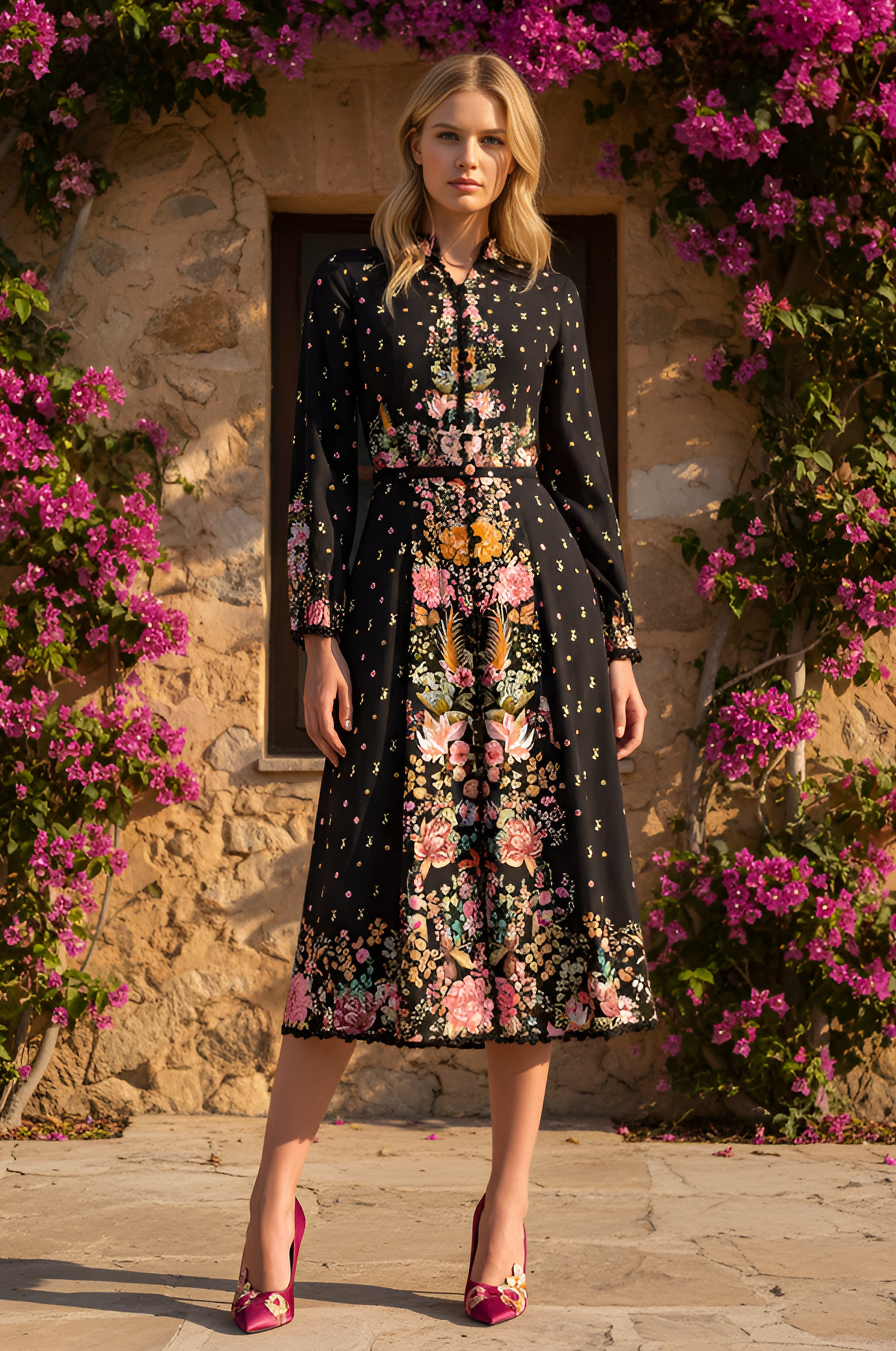 A woman in the Anna Black Floral Long Sleeve Midi Dress in Twilight Garden Black stands by a stone wall with pink flowers—an ideal, stylish choice for wedding guests.